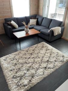 ein Wohnzimmer mit einem Sofa und einem Tisch in der Unterkunft Skicamp 3 in Pyhätunturi