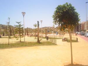 a tree in a park with a fence and a bench at Apartamento a 150 metros del puerto deportivo in Puerto de Mazarrón +20 photos