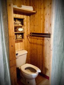 a bathroom with a toilet in a wooden wall at Auberge Café Acadien in Bonaventure