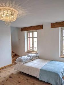 a bedroom with a bed with a chandelier and two windows at Trois Mousquetaires Gîte in Saint-Dizier-Leyrenne