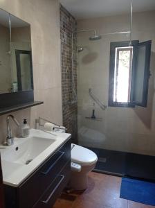 La salle de bains est pourvue d'un lavabo, de toilettes et d'un miroir. dans l'établissement Casa de la Playa en Torredembarra, à Creixell