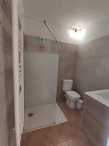 a bathroom with a shower with a toilet and a sink at La Maison des Romarins Chambres d'hôtes Cosy Climatisées Piscine Cuisine in Aigremont +10 photos