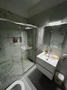 ein Bad mit einer Dusche, einem Waschbecken und einem WC in der Unterkunft Gersi's Daily Apartament in Tirana
