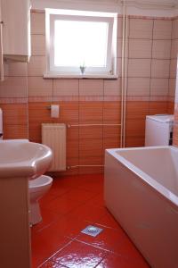 a bathroom with a tub and a toilet and a window at Nona Lili apartment in Izola +1 photo