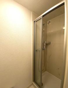 a shower with a glass door in a bathroom at Budgetapartment Seealpsee von Swisspartments in Arbon