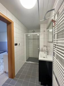 a bathroom with a shower and a sink at Chata pod Třešní in Malá Morávka