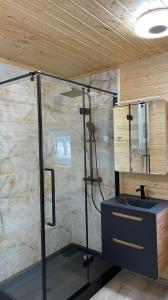 W łazience znajduje się prysznic i umywalka. w obiekcie Domki Mili Lubie Gudowo Jezioro Lubie w Drawsku Pomorskim