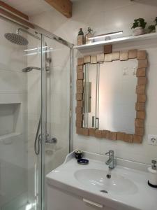 La salle de bains est pourvue d'un lavabo et d'une douche. dans l'établissement CASA DEL MAQUINISTA, à Aguatona