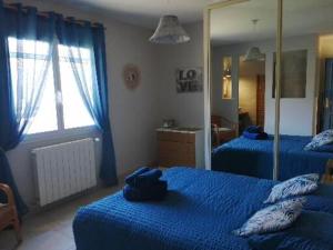 een slaapkamer met 2 bedden en een grote spiegel bij Appartement de vacances à la campagne in Saint-Jean-Pla-de-Corts