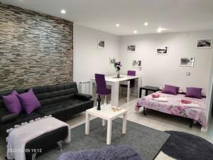- un salon avec un canapé noir et des oreillers violets dans l'établissement El Rincón de La Maña, à Logroño