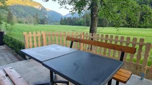 einer Holzbank mit einem Tisch vor einem Feld in der Unterkunft Radovna Mountain Valley Cottage in Zgornje Gorje