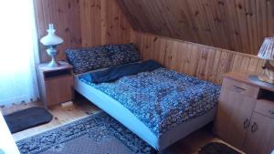 ein Schlafzimmer mit einem Bett in einem Holzzimmer in der Unterkunft Zielona Sielanka in Orzyny