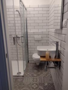uma casa de banho com um WC, um chuveiro e um lavatório. em Tranquillo em Crikvenica