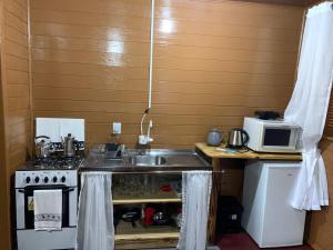 a kitchen with a sink and a stove and a microwave at Cabana Vó Bilica in Urubici