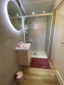a bathroom with a sink and a shower with a mirror at Maison bord de lac de charmes in Bannes