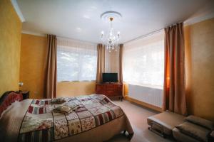 1 dormitorio con 1 cama, TV y ventana en Villa Alexandr, en Alsópáhok