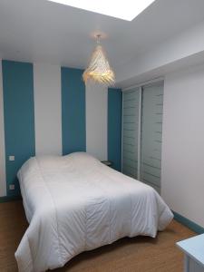 a bedroom with a white bed and a chandelier at L'Appartement de la MAISON BLEUE in Villeréal