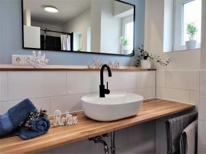 a bathroom with a white sink and a mirror at Naturnahe FeWo zwischen Meer&Seen bei Kiel in Schwentinental