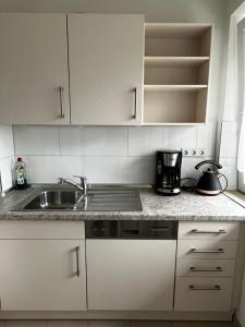 StayHome Apartment Bei Hamburg في راينبك: مطبخ مع حوض و كونتر توب