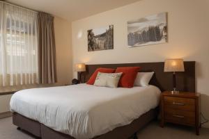 a bedroom with a large bed with red pillows at Squatters Run 12a in Thredbo
