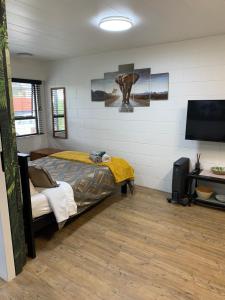 a bedroom with a bed and a flat screen tv at Suburban Studio in Hamilton