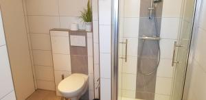 ein Bad mit einem WC und einer Dusche in der Unterkunft Ferienwohnung Steffens - "Mittelweg" in Grömitz