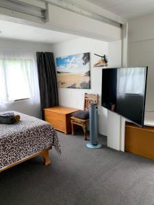 a bedroom with a large flat screen tv and a bed at Smart Apartment in Dinsdale