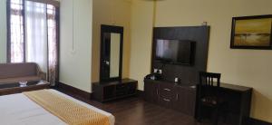 ein Wohnzimmer mit einem TV und einem Sofa in der Unterkunft Apsara Guest House in Shillong