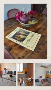 a collage of photos of a table with a sign on it at Nefelis Home in Koskinou
