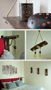 a collage of four pictures with a bed and a lamp at Nefelis Home in Koskinou