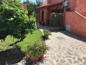 a courtyard with a building with a gate and flowers at B&B Da Tizy in San Teodoro