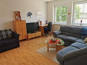 a living room with a couch and a tv and a table at Ferienwohnungen "Zum Süss" in Neusiedl am See