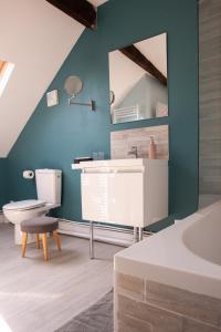 La salle de bains est pourvue d'un lavabo, de toilettes et d'un miroir. dans l'établissement Maison du jardin botanique, à Tourcoing