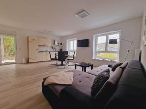 a living room with a couch and a kitchen at Moselflair in Bernkastel-Kues