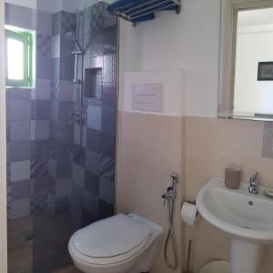 La salle de bains est pourvue de toilettes, d'un lavabo et d'une douche. dans l'établissement Da Luciano, à Stromboli
