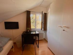 um quarto com uma secretária, uma cama e uma janela em Budgetapartment Rheinfall von Swisspartments em Arbon