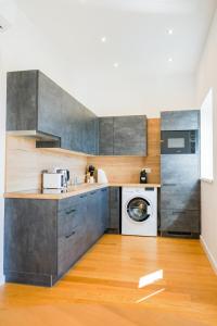 a kitchen with gray cabinets and a washer and dryer at Nadland Apartments B61 in Vienna