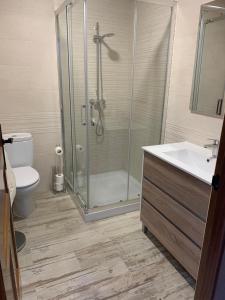 Un baño con ducha, inodoro y lavabo. en Casa de los Maestros, en Rágama 4 fotos más