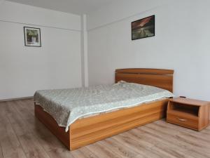 a bedroom with a bed and a night stand at Apartament ANNA in Târgovişte