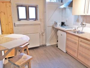 une petite cuisine avec un évier et une table dans l'établissement WME46 Studio 't Krekeltje aan de dijk, à Westkapelle