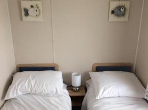 two beds sitting next to each other in a room at Gilcrux - Solway Firth 2-Bed Cabin Pet Friendly in Wigton