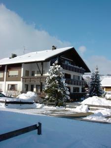 a building covered in snow with trees in front of it at Haus Grüntensee in Wertach