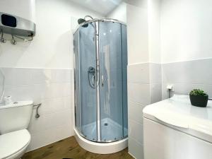 y baño con ducha y aseo. en Niron Apartament Niepodległości, en Piła
