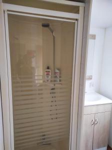a shower with a glass door in a bathroom at le hangar 87 in Bussière-Portevine +17 photos