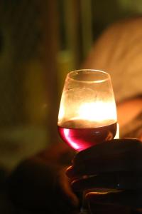 osoba posiadająca szklankę czerwonego wina w obiekcie Vilas Ambasador Bratin Dol w mieście Bitola