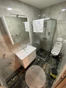 y baño con lavabo, ducha y aseo. en Koca Apartmani en Novi Pazar