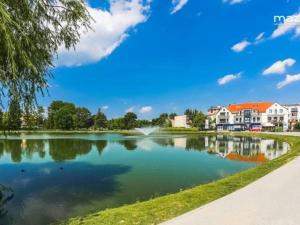 duże jezioro w parku z domami w tle w obiekcie Apartament Parkowy 2 pokojowy w mieście Mrągowo