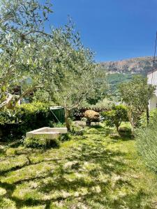 a bench in the grass with a sheep in the background at Apartments Rome in Baška