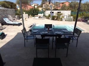 a table and chairs sitting next to a swimming pool at Le Domaine De Marie in Palasca