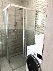 a washing machine in a bathroom with a shower at Perfect Place for two in Kranj